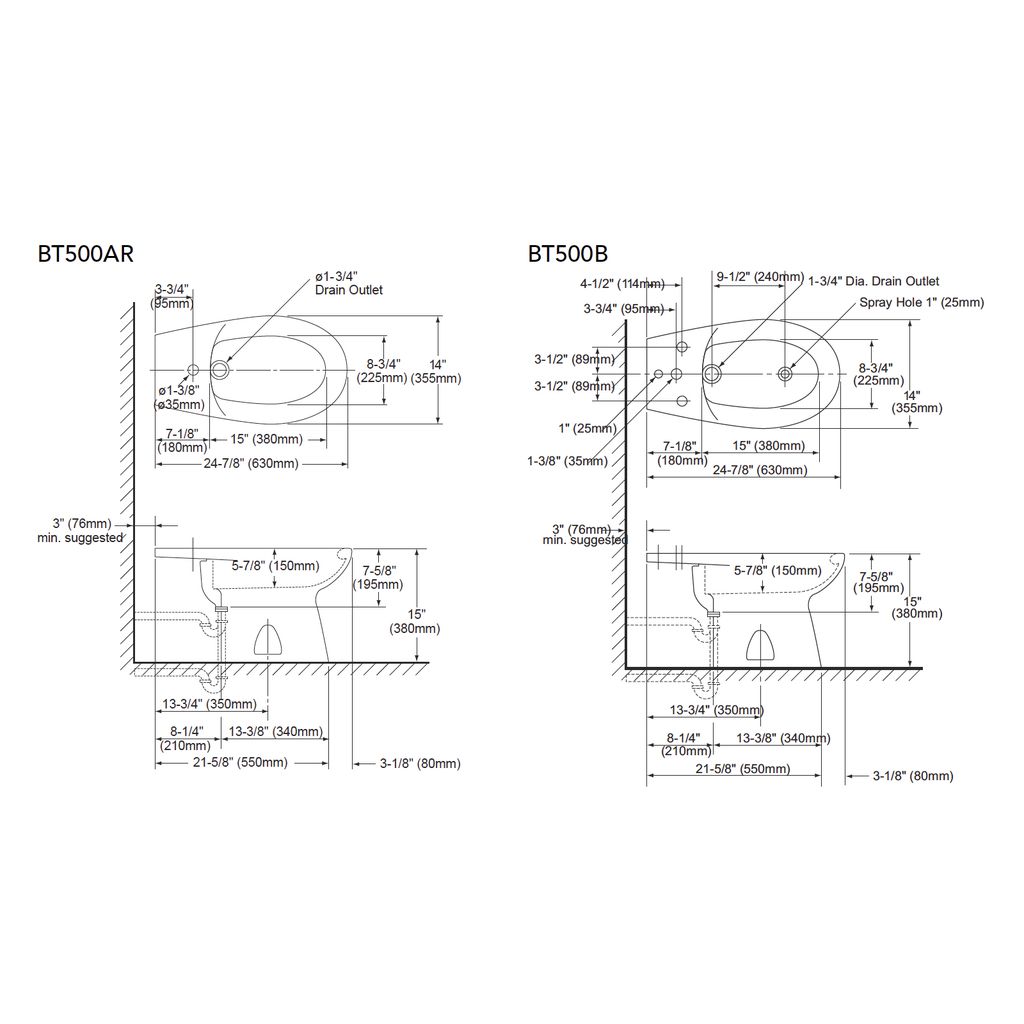TOTO BT500B03 Piedmont Bidet Vertical Spray 3