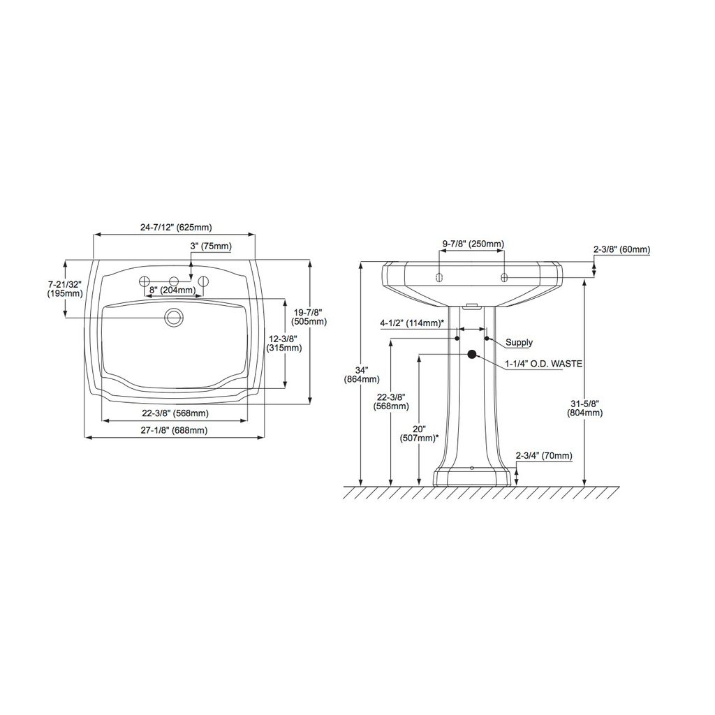 TOTO LPT970 Guinevere 27" Pedestal Lavatory Sink 2