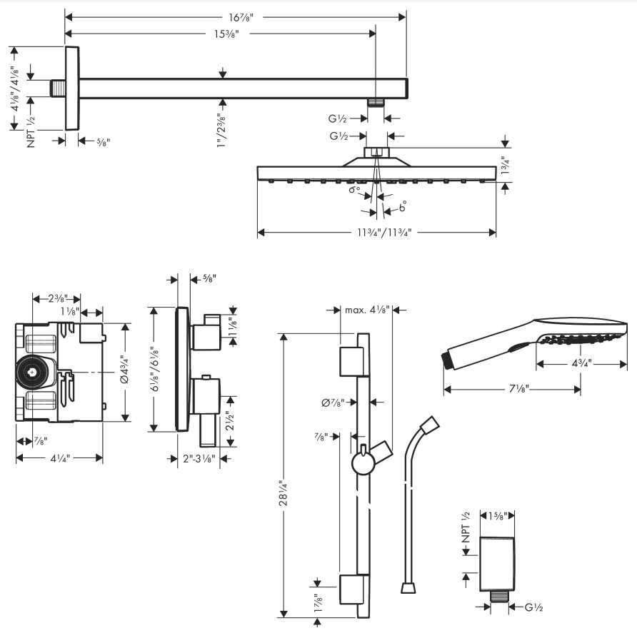 Hansgrohe 04914820 Thermostatic Showerhead/Wallbar Set With Rough 2.0 Gpm