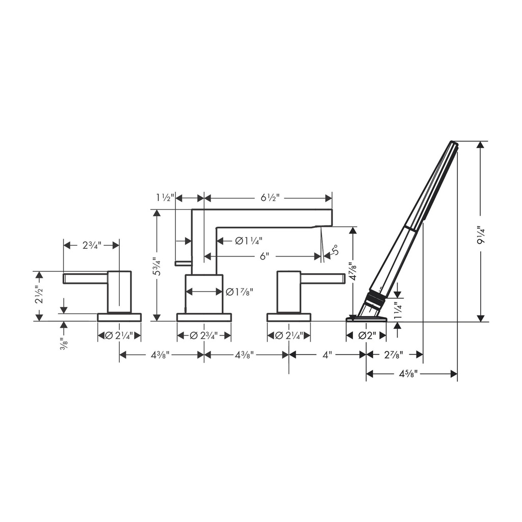 Hansgrohe 76443001 4-Hole Roman Tub Set Trim With 1.75 Gpm Handshower