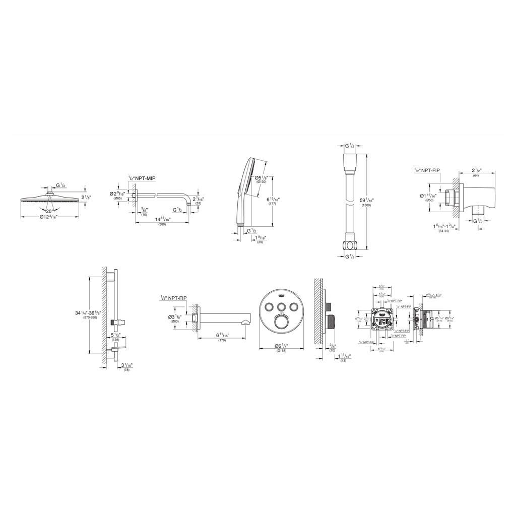 Grohe 103082A000 Rainshower SmartControl Thermostatic Triple Function Shower Kit Hard Graphite