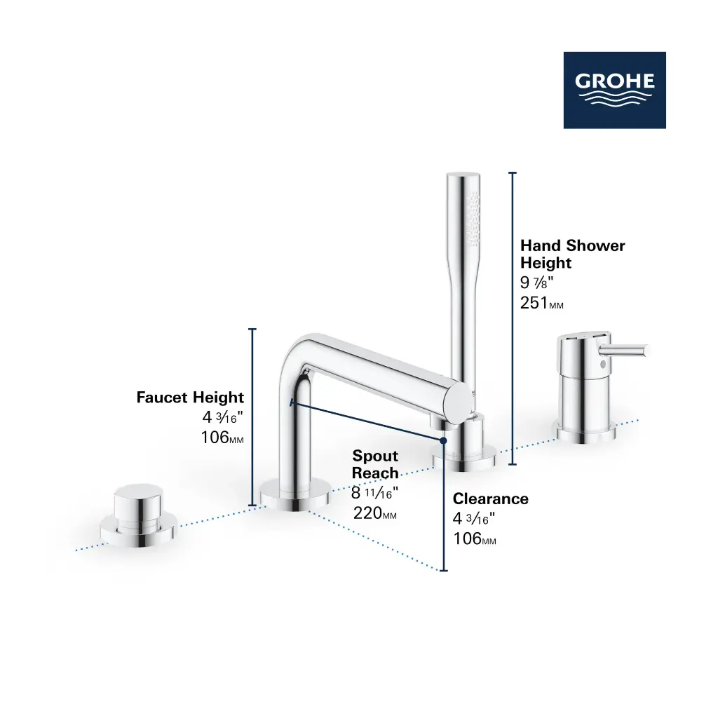 Grohe 195762432 4-Hole Single Handle Deck Mount Roman Tub Faucet With 6.6 L/Min (1.75 Gpm) Hand Shower Matte Black