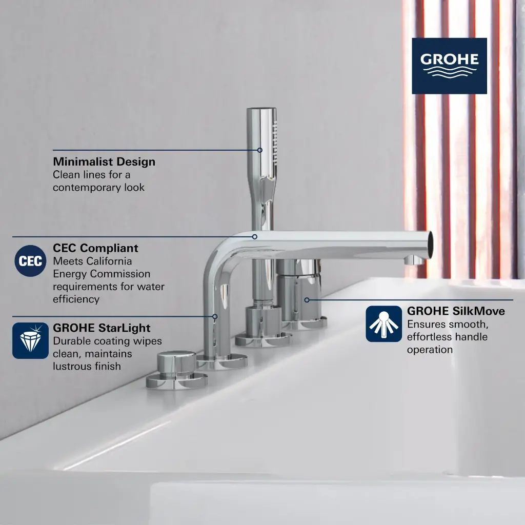 Grohe 19576Gn2 4-Hole Single Handle Deck Mount Roman Tub Faucet With 6.6 L/Min (1.75 Gpm) Hand Shower Brushed Cool Sunrise