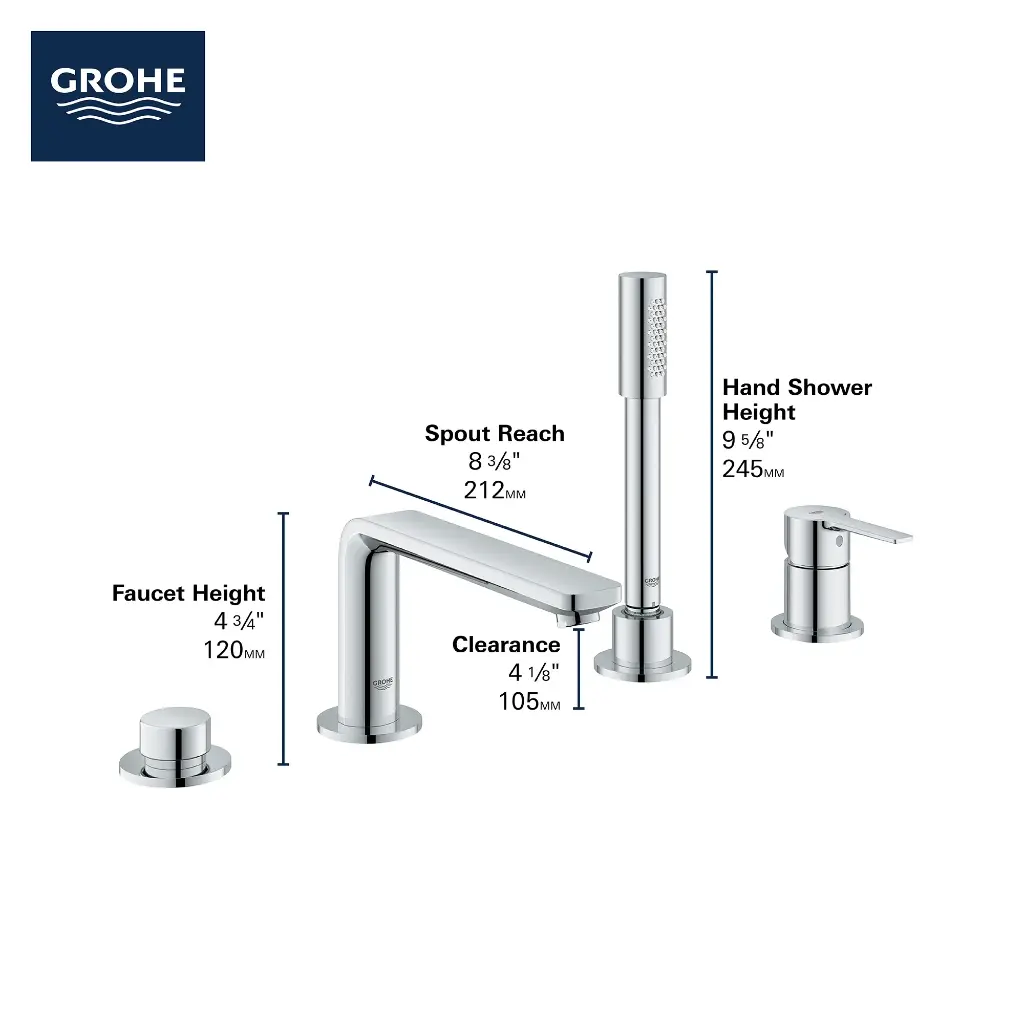 Grohe 19577A01 4-Hole Single-Handle Deck Mount Roman Tub Faucet With 6.6 L/Min (1.75 Gpm) Hand Shower Hard Graphite