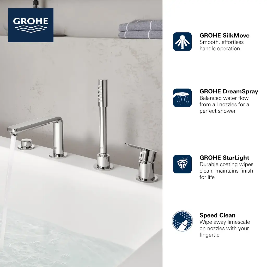 Grohe 19577GN1 4-Hole Single-Handle Deck Mount Roman Tub Faucet With 6.6 L/Min (1.75 Gpm) Hand Shower Brushed Cool Sunrise