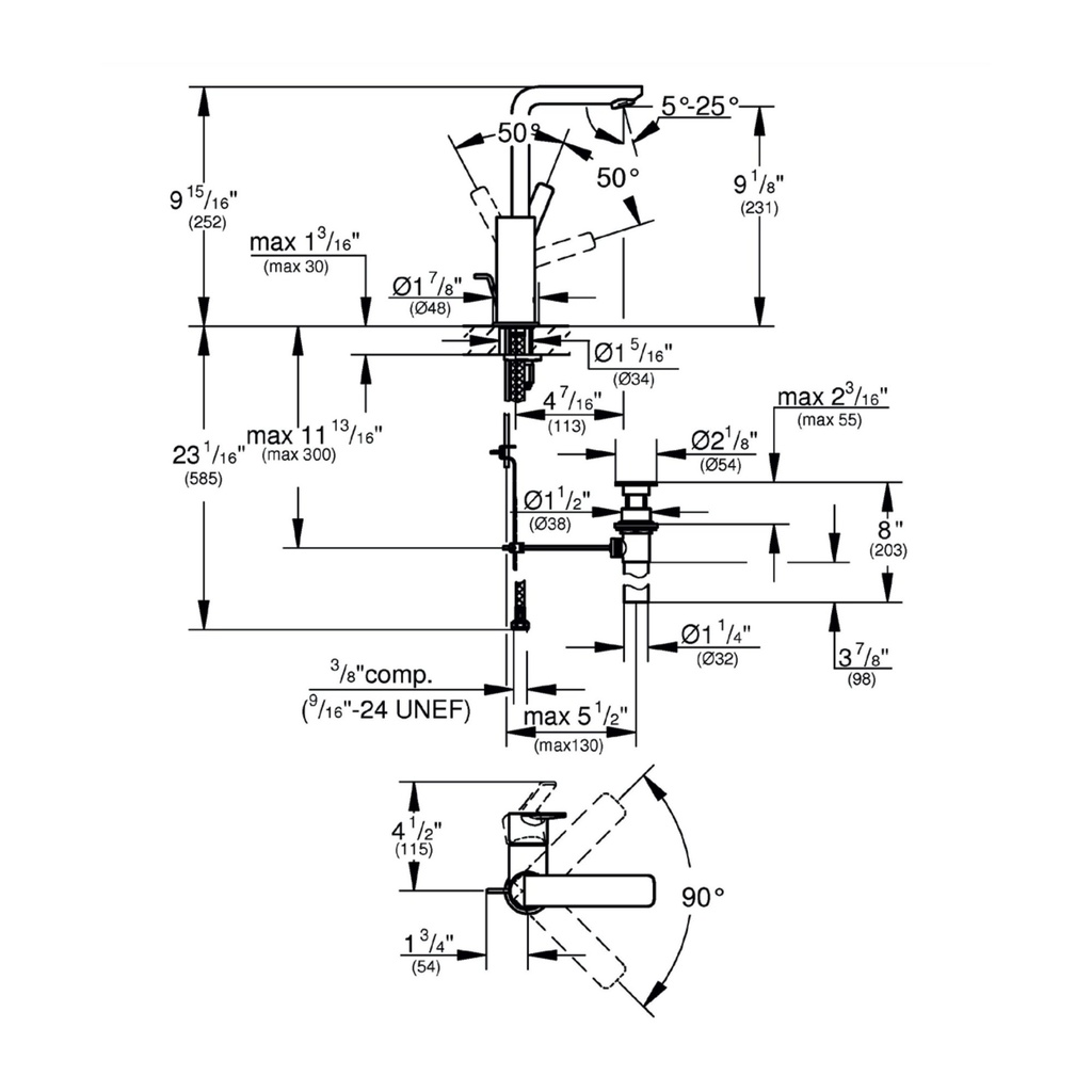 Grohe 23825A0A Single Hole Single-Handle L-Size Bathroom Faucet 4.5 L/Min (1.2 Gpm) Hard Graphite