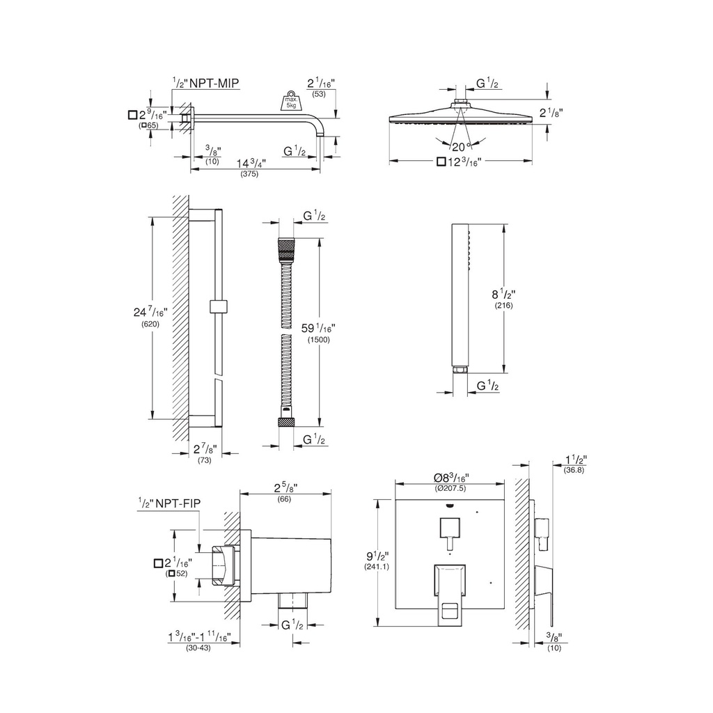 Grohe 29432EN0 Eurocube PBV Rain Shwr Set 1.75Gpm Us Brushed Nickel