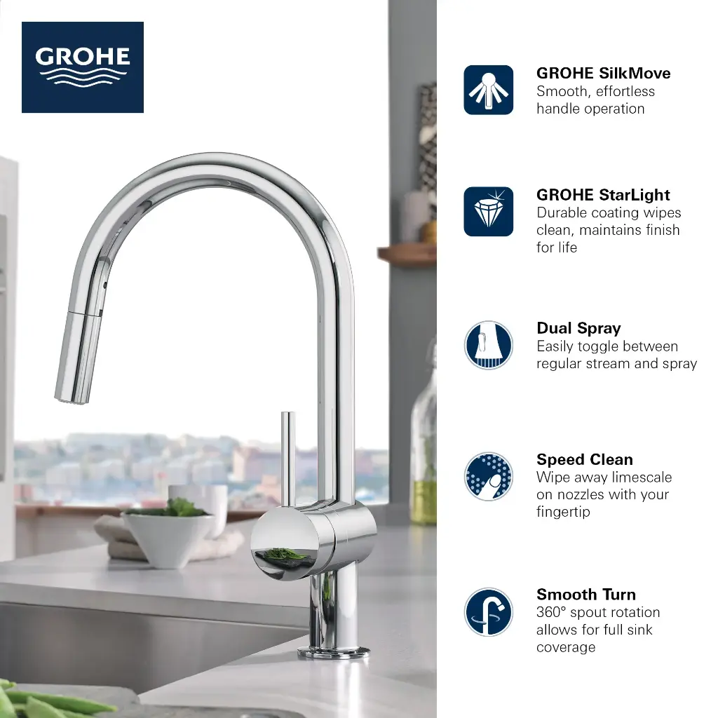 Grohe 31378GN3 Minta Single Handle Pull Down Kitchen Faucet Dual Spray 6.6 L/Min (1.75 Gpm) Brushed Cool Sunrise