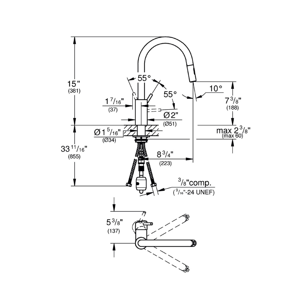 Grohe 32665GN3 Concetto Single Handle Pull Down Kitchen Faucet Dual Spray 6.6 L/Min (1.75 Gpm) Brushed Cool Sunrise