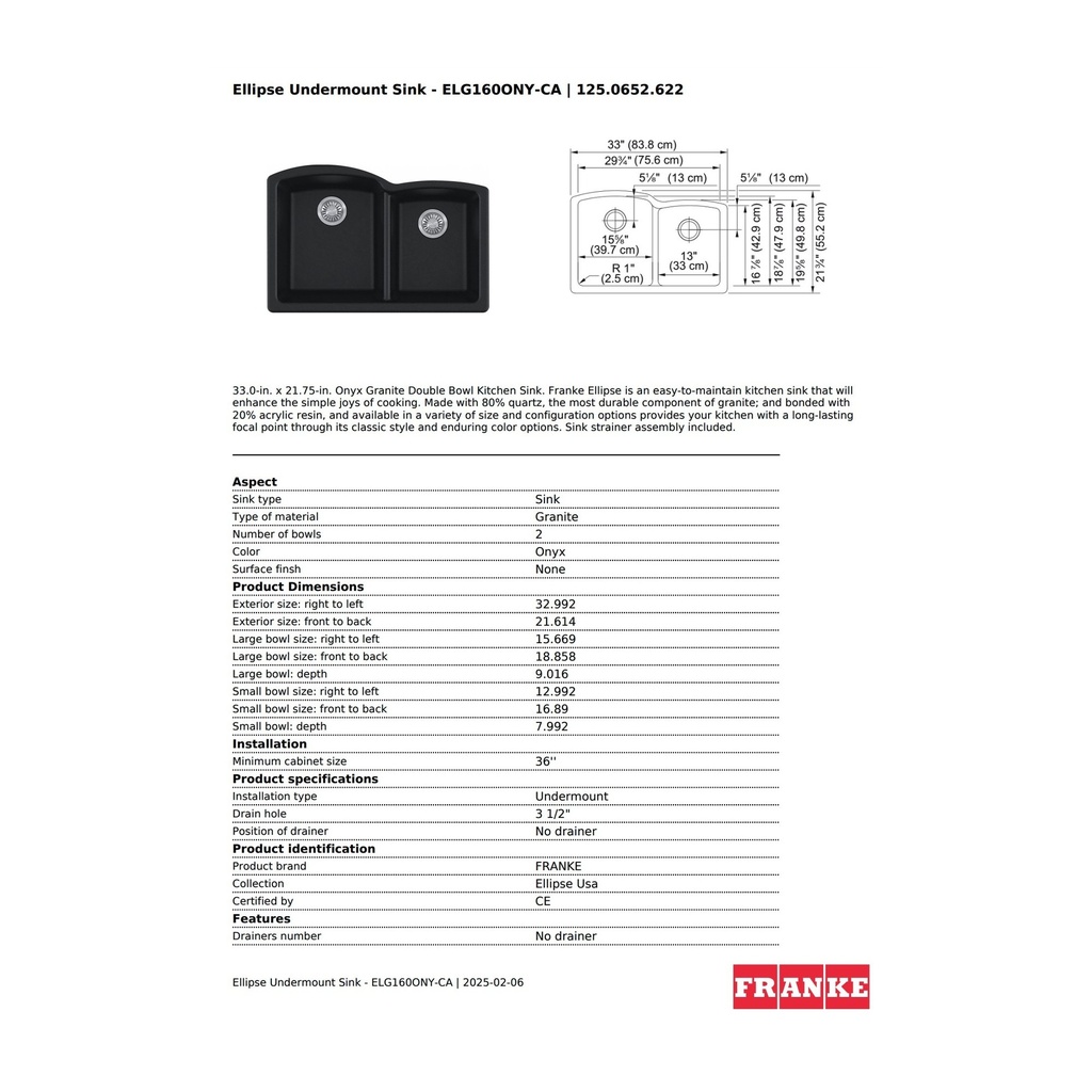 Franke ELG160ONY-CA Ellipse Granite Undermount Sink Double Onyx