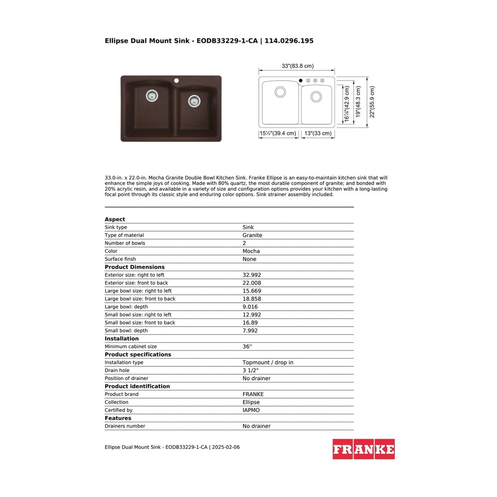 Franke EODB33229-1-CA Ellipse Granite Dual Mount Sink Double Espresso/ Mocha