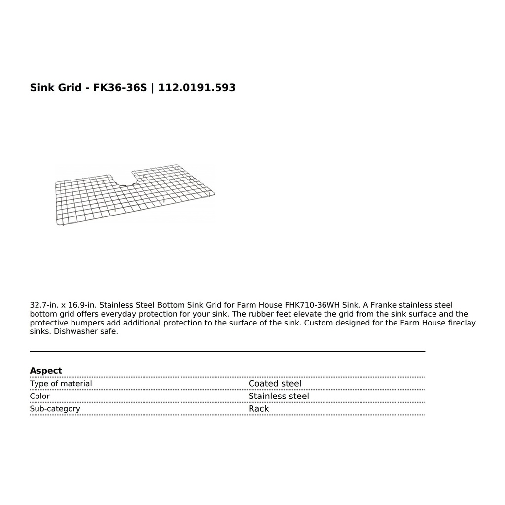 Franke FK36-36S Bottom Grid Ss Fireclay