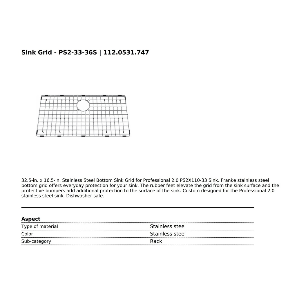 Franke PS2-33-36S Bottom Grid Ss Professional Series 2.0