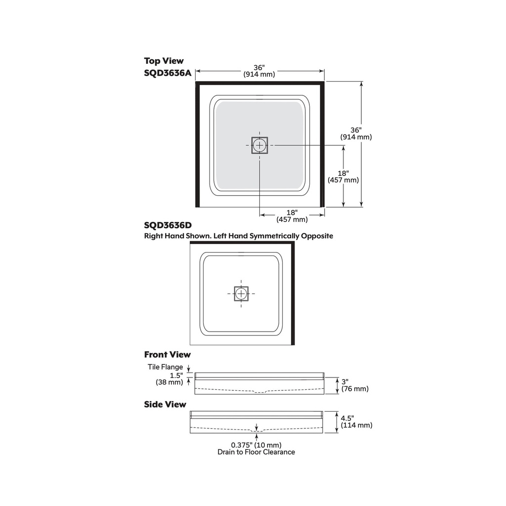 Mirolin SQD3636D1 White Strada 36" Sqd Base Side & Back Flange