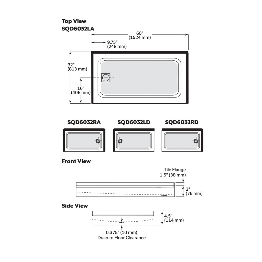 Mirolin SQD6032RA1 White Strada 60" Sqd Alcove Base