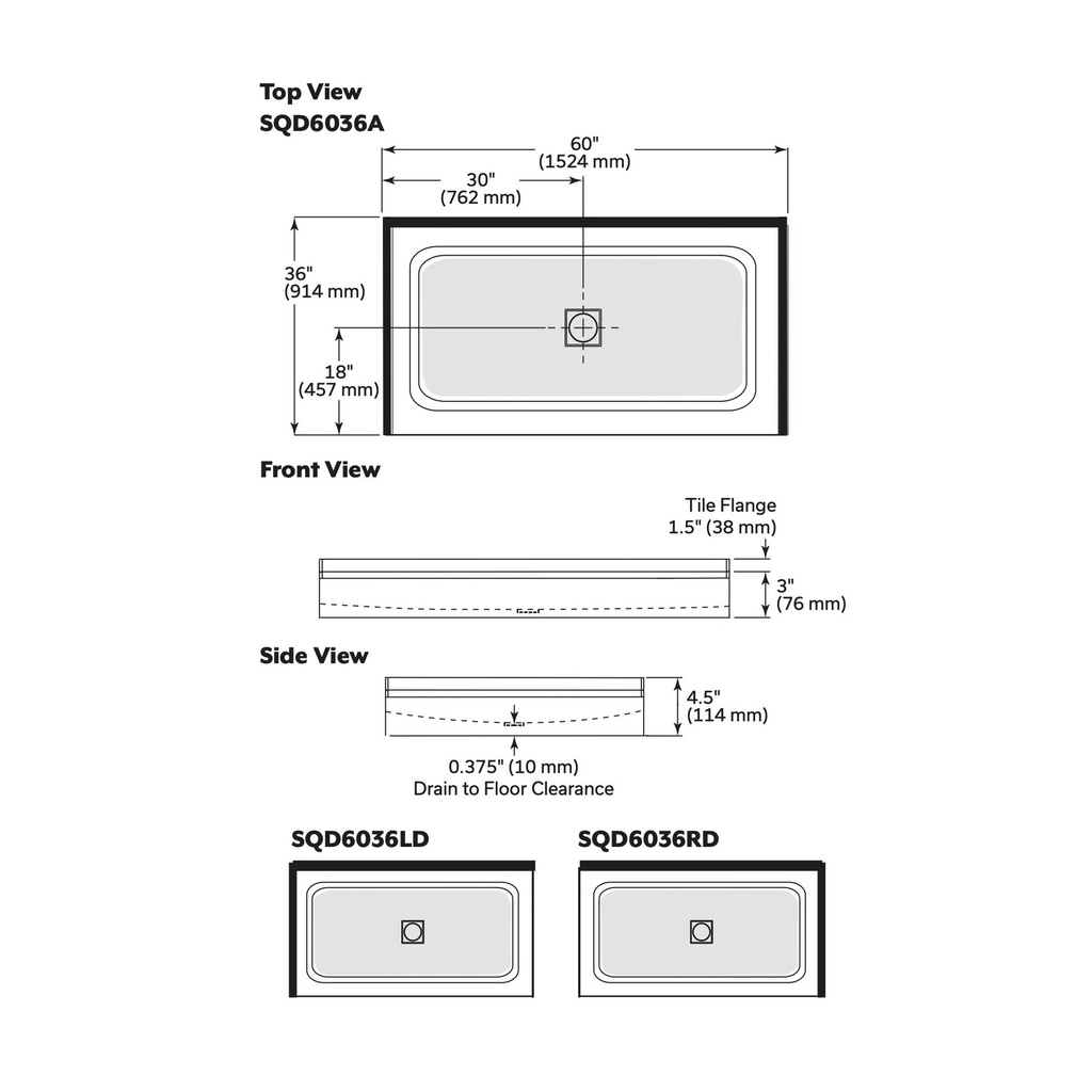 Mirolin SQD6036LD1 White Strada 60" Sqd Base Lh & Back Flange