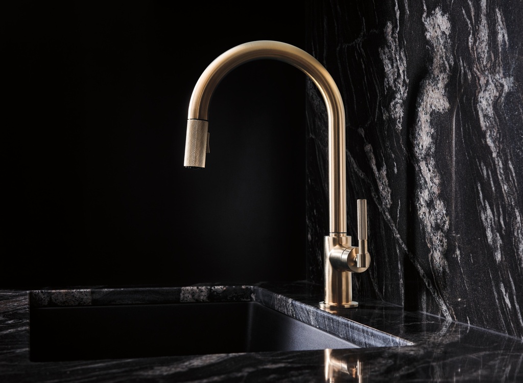 Brizo 63043LF Litze Pull Down Faucet with Arc Spout Knurled-Lever Handle Luxe Gold
