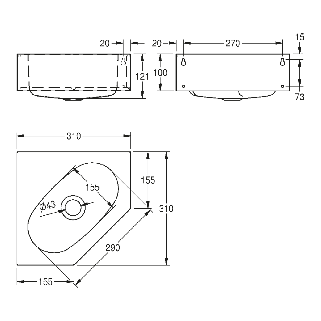 Franke WT310E-7 Wall Hung Wash Basin 19Ga