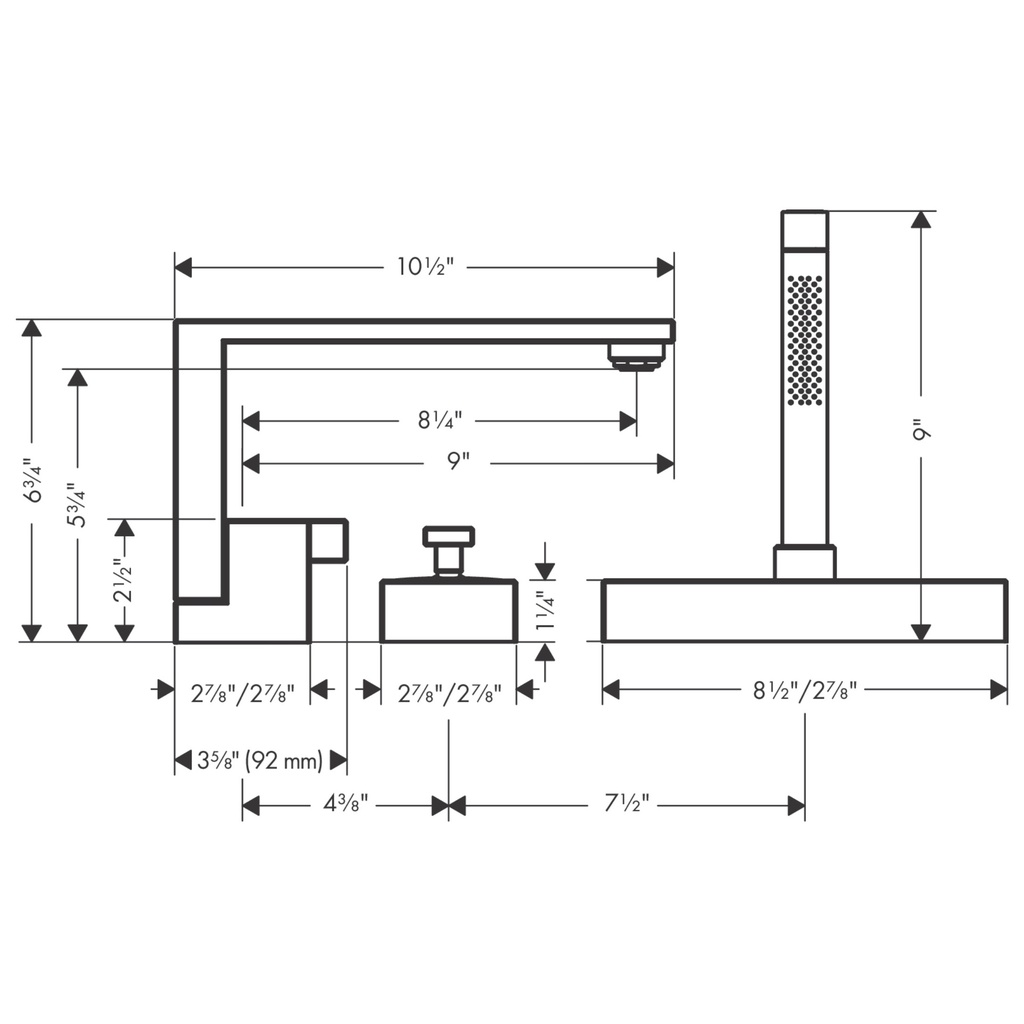 Hansgrohe 46431001 3Hole Roman Tub Trim With 1.75 Gpm Handshower, Diamond Cut