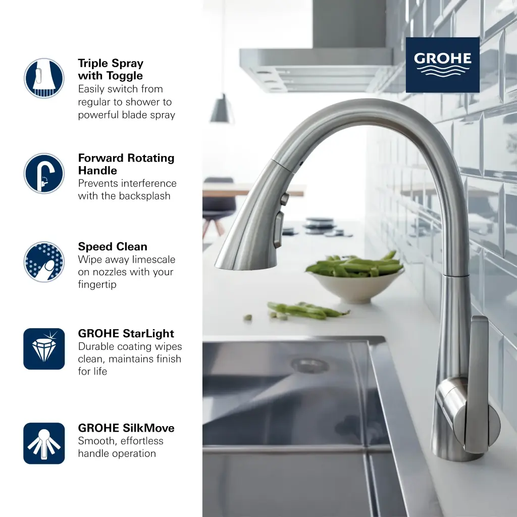 Grohe 32298GN3 Zedra Sngl Hdl Kitchen C-Spout High Brushed Cool Sunrise