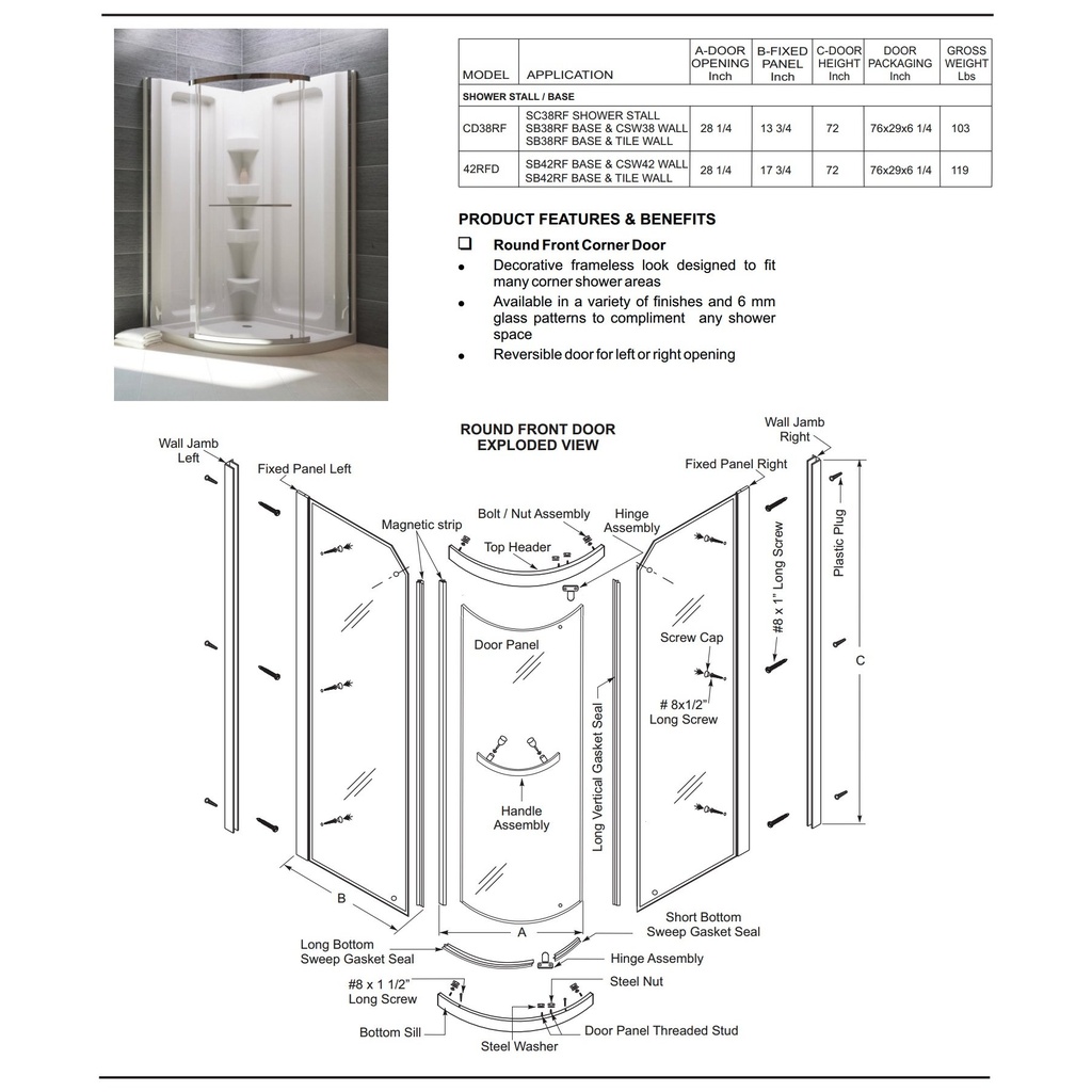 Mirolin 42RFDPS Corner 42" Round Front Door Plain Silver