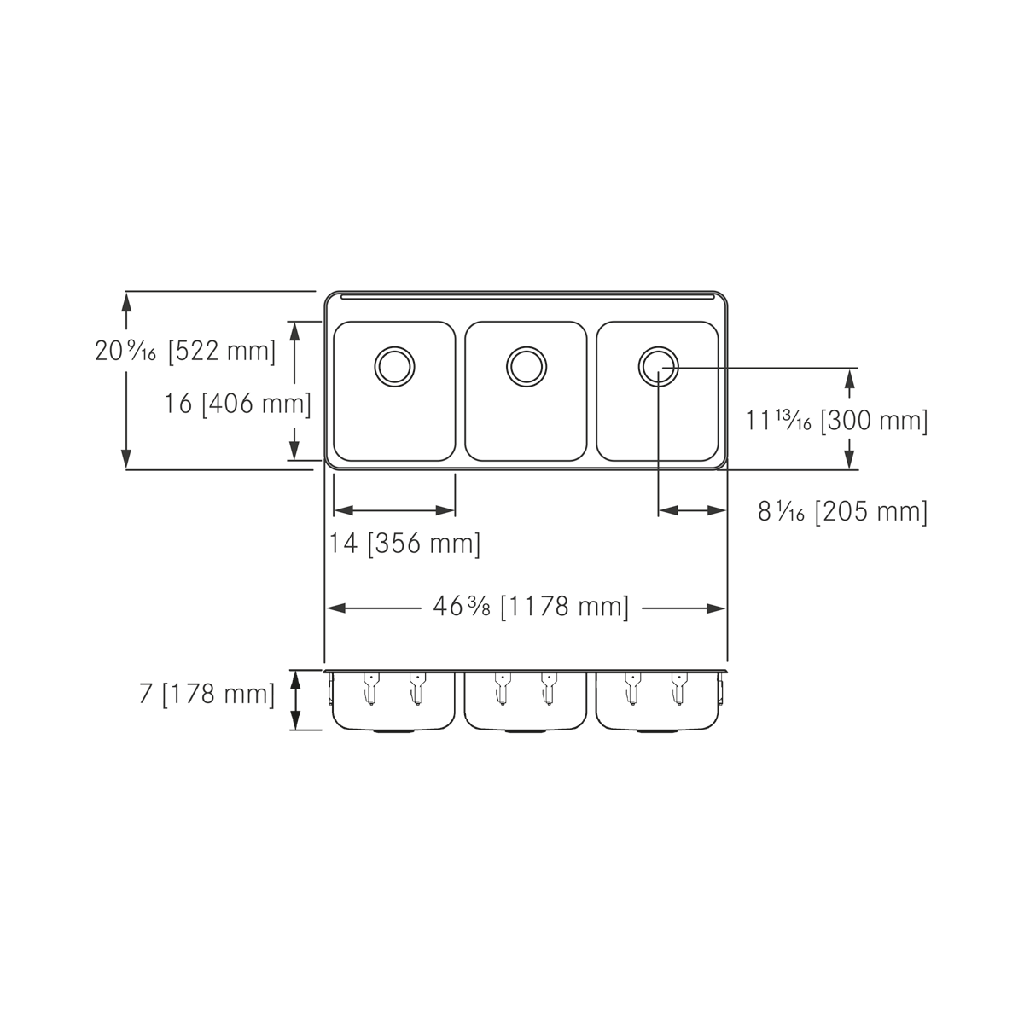 Franke LBT6407CB-1-1 Triple 20 Gauge With Ledge