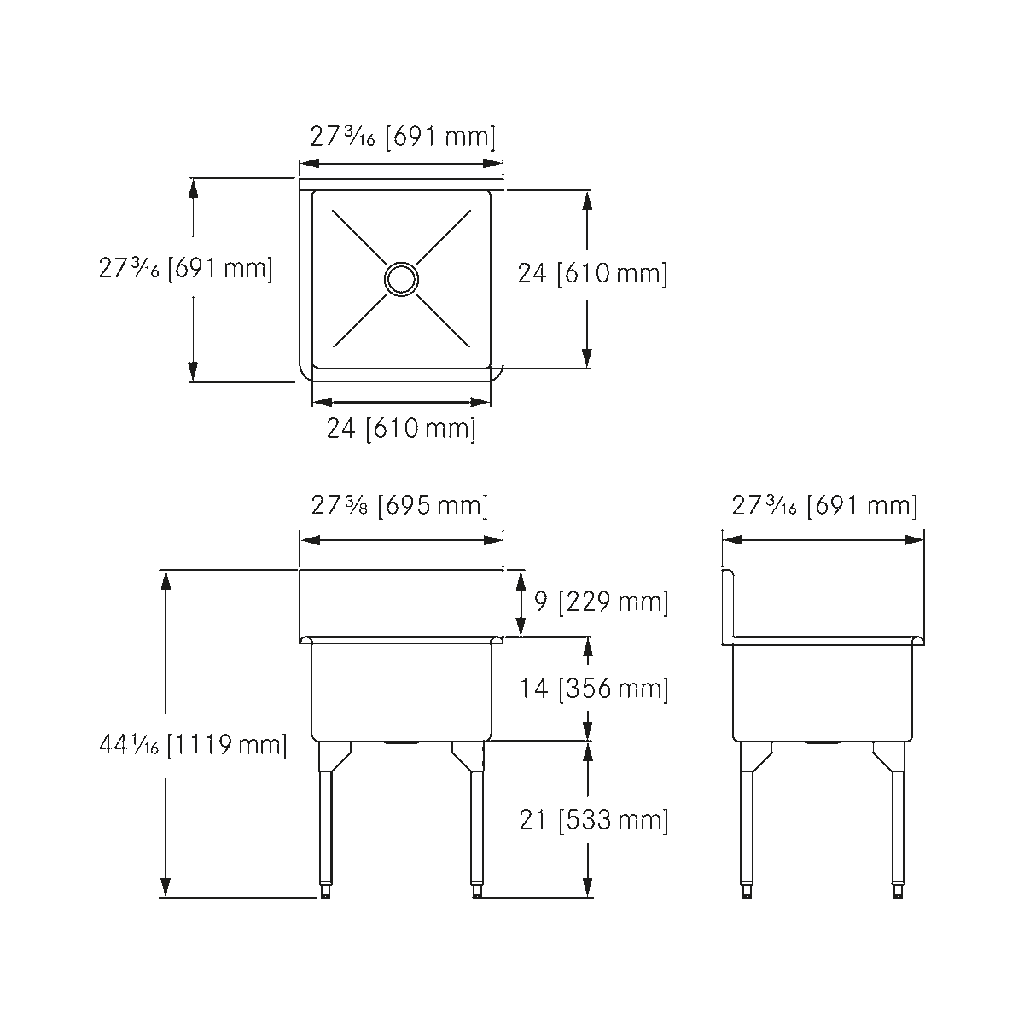 Franke SL2424-316-1-2 Scullery 16 Ga Single 3.5 In Waste T316 2 Hole