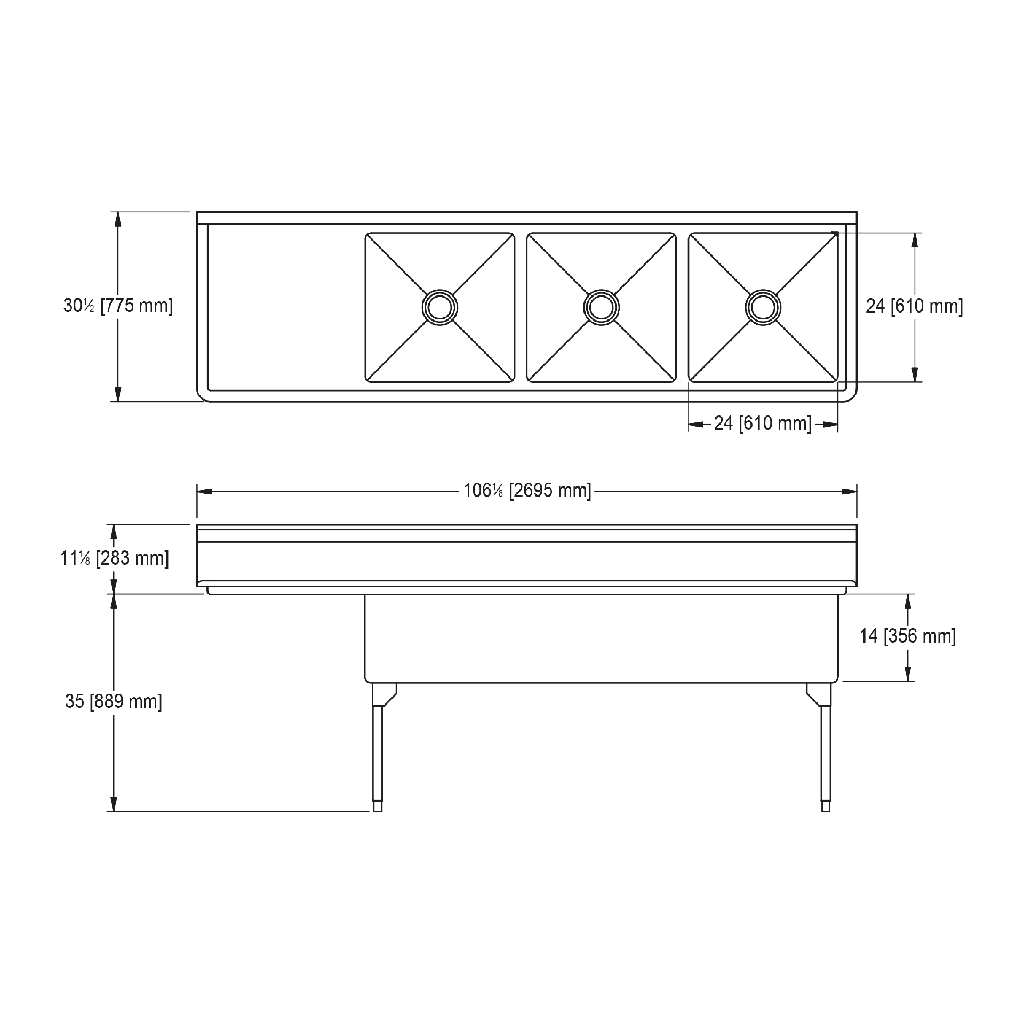 Franke WTL2472L-1 World-Class Series 14 Gauge Triple Compartment
