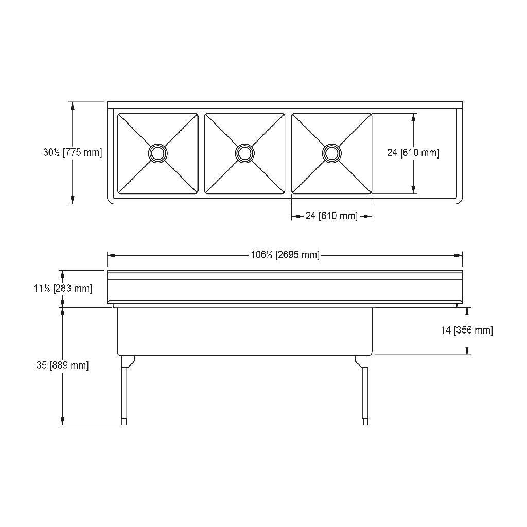 Franke WTL2472R-1-2 World-Class Series 14 Gauge Triple Compartment