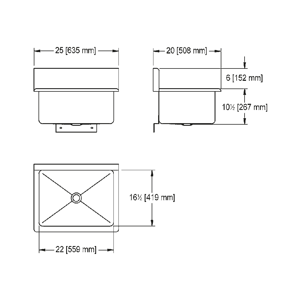 Franke WTS2025-1-2 Trough Heavy Duty Series 14Ga 25" Wide 2 Hole