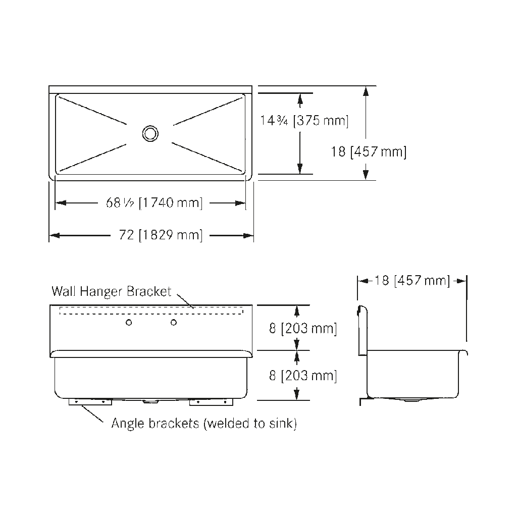 Franke WTS72-1-2 Trough Standard Series 16Ga 72" Wide 2 Hole