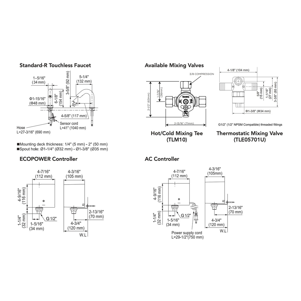 TOTO T28S11AT#BN Touchless Std-R W/Thermoac 1.0Gpm D10 #Bn
