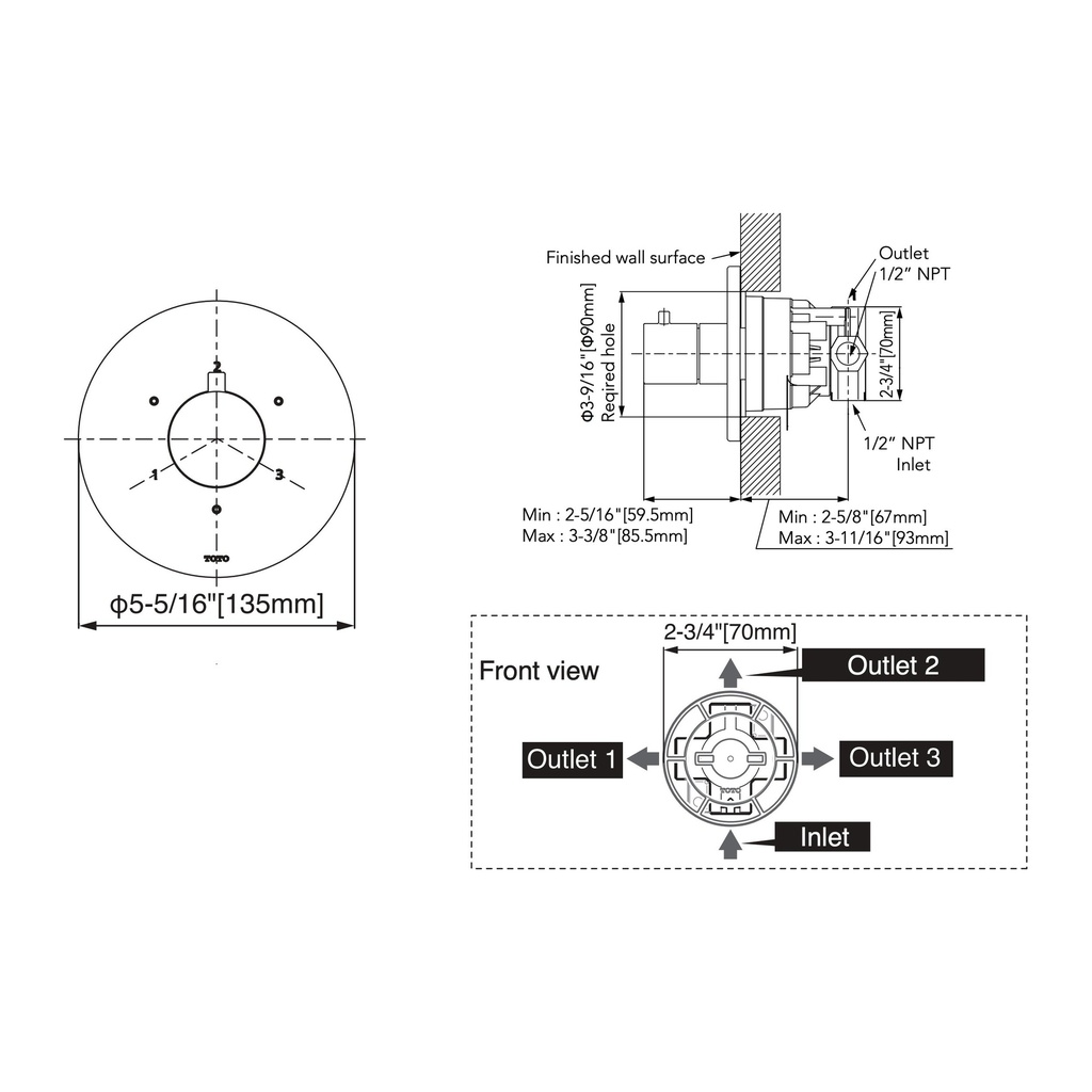 TOTO TBV01102U#MBL 3Way Div Trim W/Off G Round
