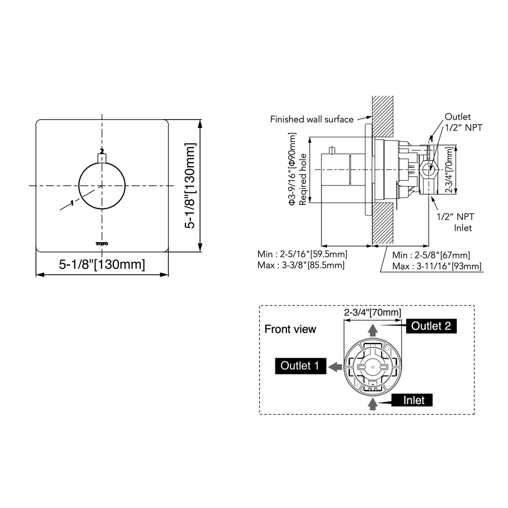 TOTO TBV02103U#CP 2Way Div Trim W/O Off,G,Square Chrome Plated