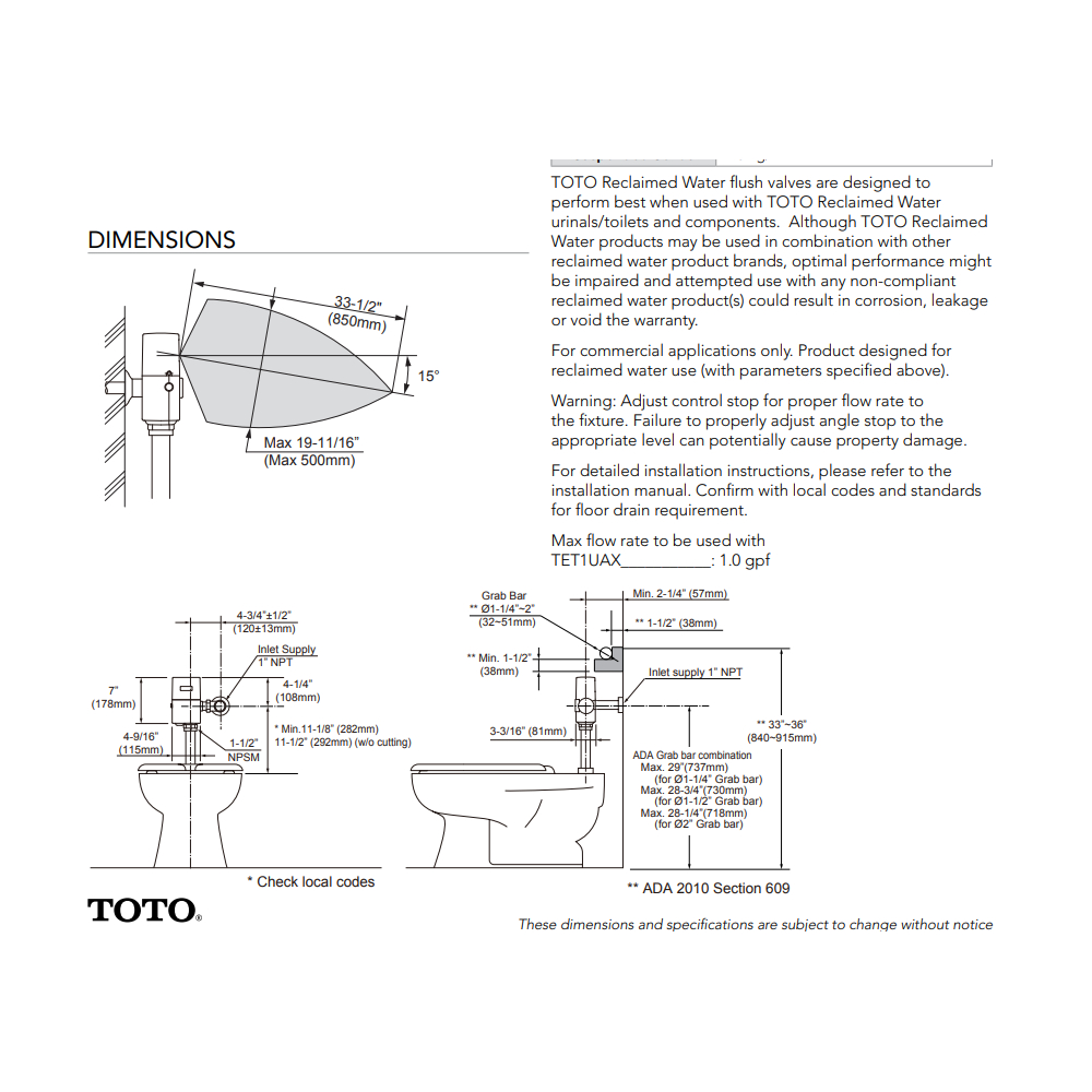 TOTO TET1UAX#CP Ecoefv Exposed Toilet 1.0G Reclaimed Water