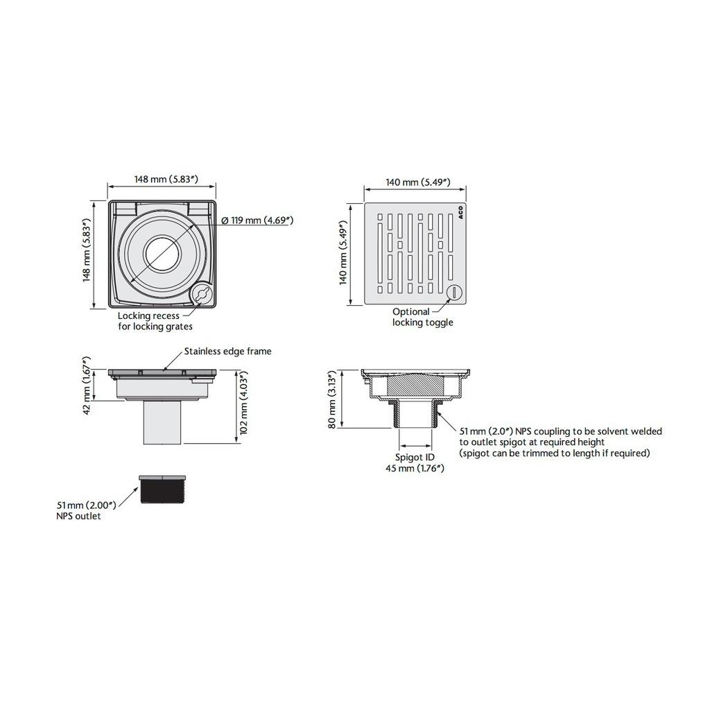 ACO 37268 Showerpoint Drain Quadrato Non-Locking 2