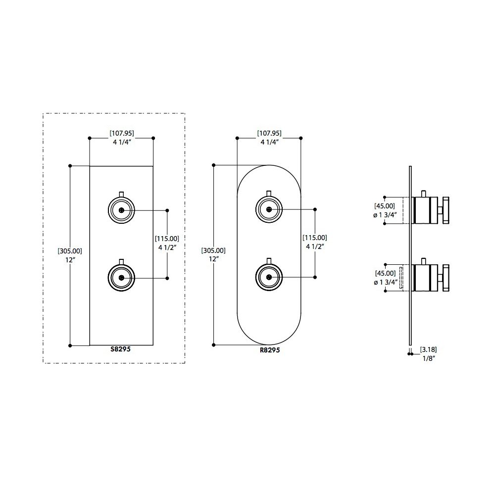 Aquabrass S9395 Square Trim Set For 12123 1/2 Thermostatic Valve 3 Way 1 Function At A Time Polished Chrome 2