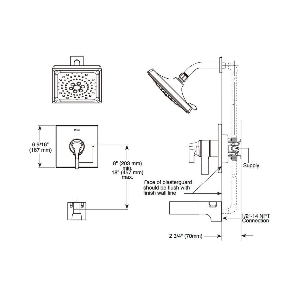 Delta T17274 Zura 17 Series Multi Choice H2Okinetic Shower Only Trim Matte Black 2