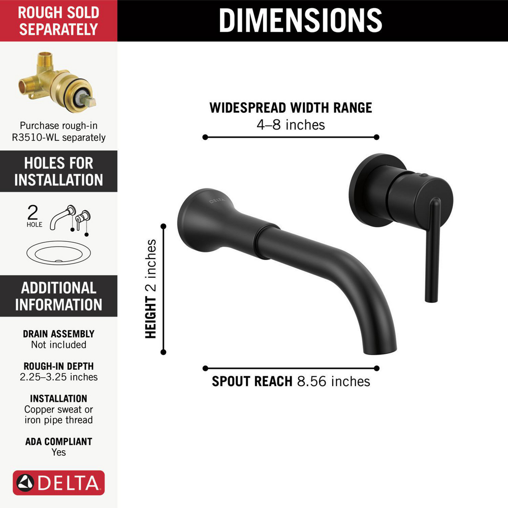 Delta T3559LF Trinsic Single Handle Wall Mount Bathroom Faucet Trim Matte Black 2