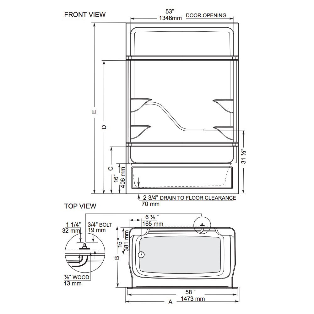 Mirolin PT516LR Parker 16 One Piece Tub Showers White 2