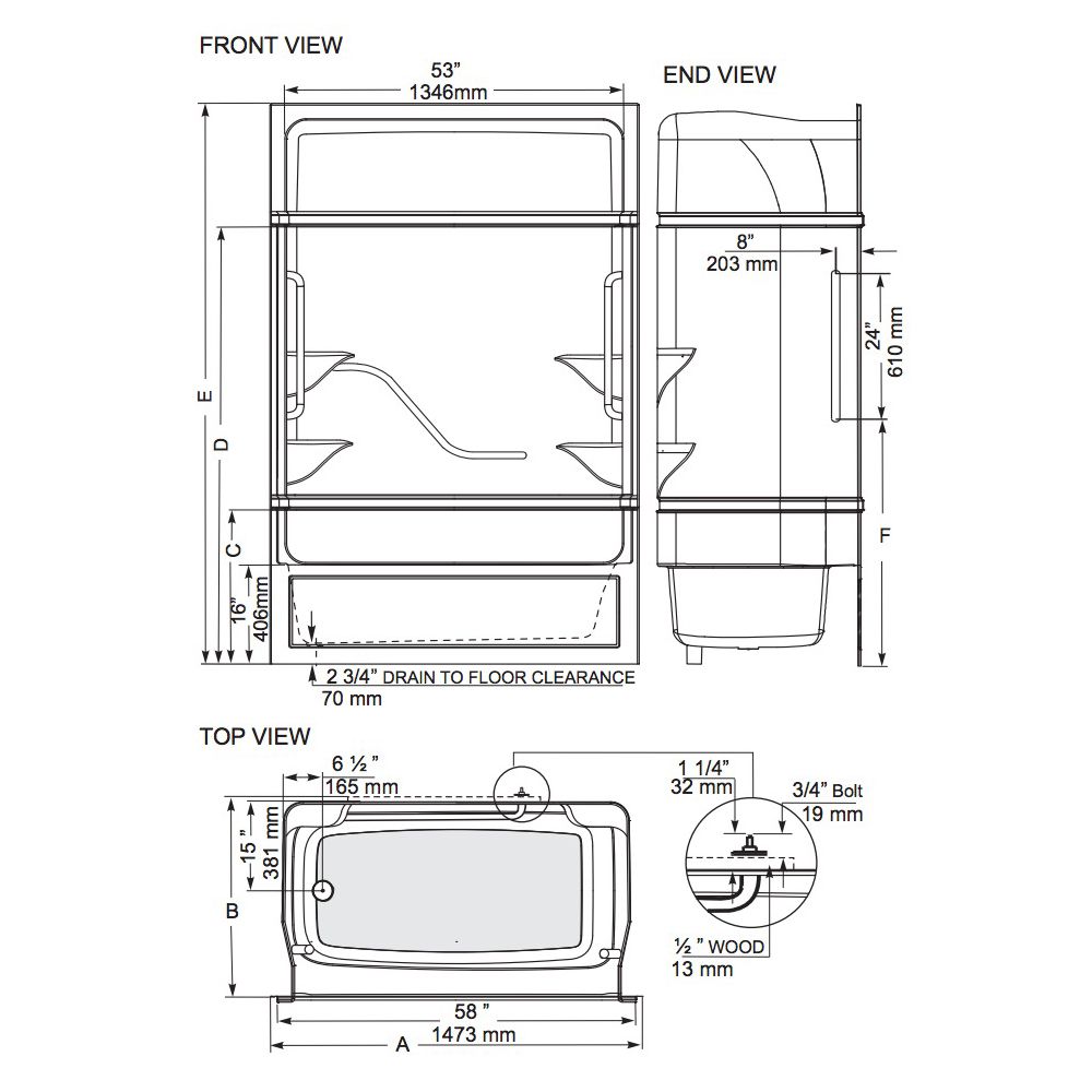 Mirolin FPL16L/R Parker 16 Free Living Series One Piece Shower White Bars 2
