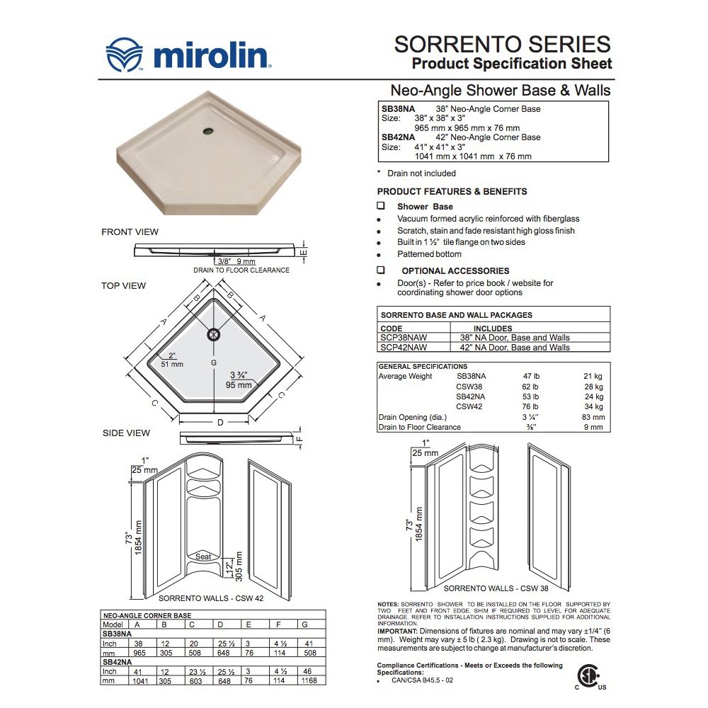 Mirolin SB38NA 38" Neo Angle Base White 2