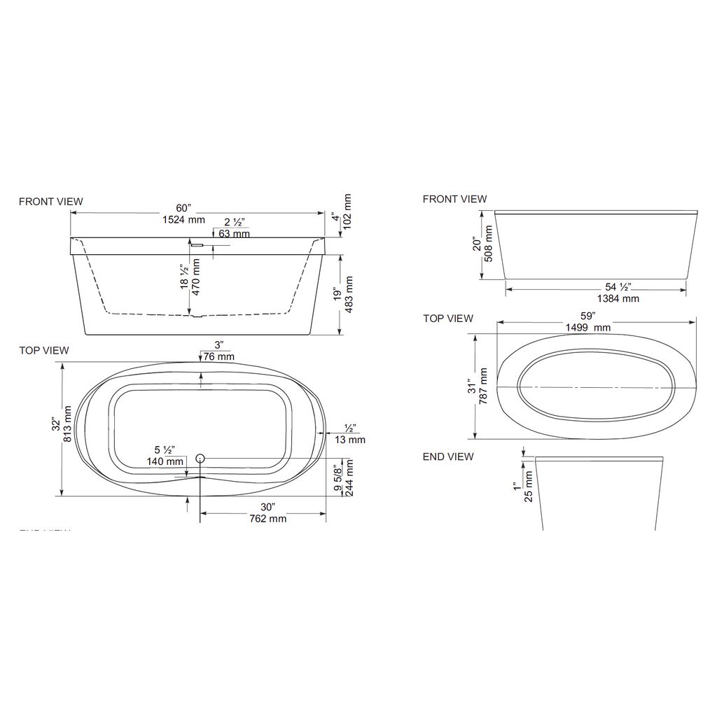 Mirolin CF2006 Cari 60" x 32" Freestanding Tub 2