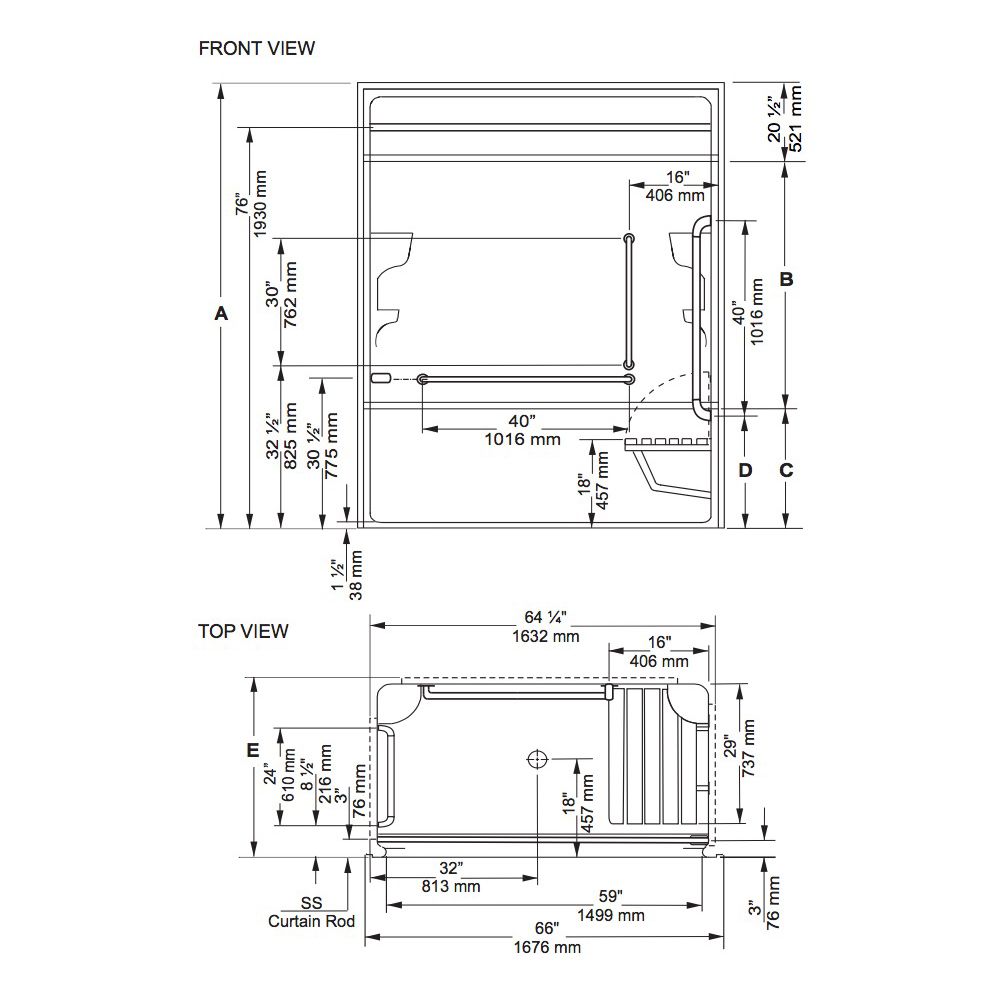 Mirolin ARS66L/R Access 66 With Seat SS Grab Bars CSA 2