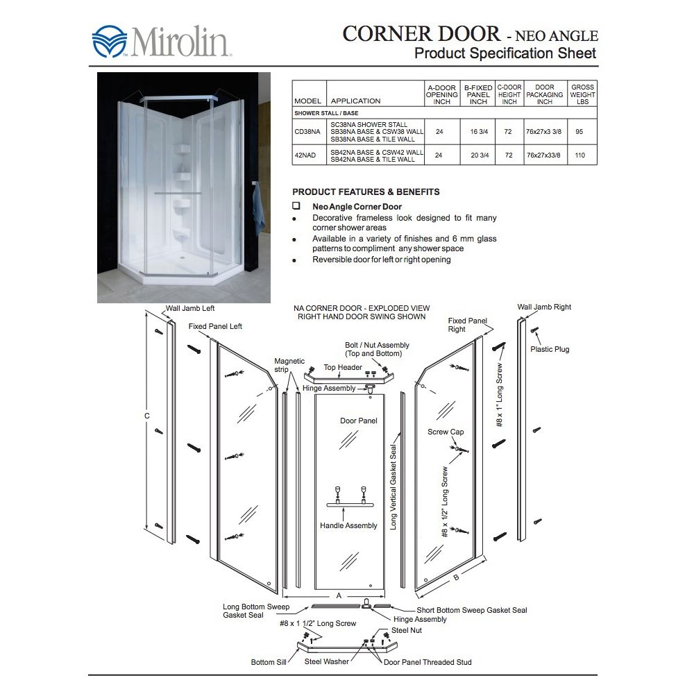 Mirolin CD38RFPS Corner 38" Round Front Door Plain Silver 3