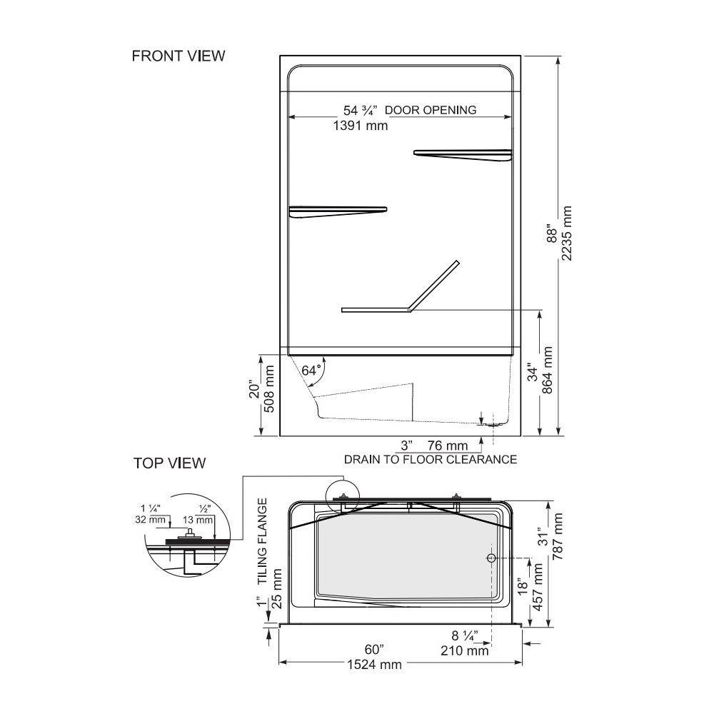 Mirolin TSH51 Hampton One Piece Tub Shower End 2" Drain Right 2