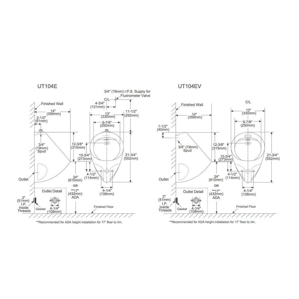TOTO UT104EV01 Commercial Washout Urinal Back Spud 0.5GPF 3